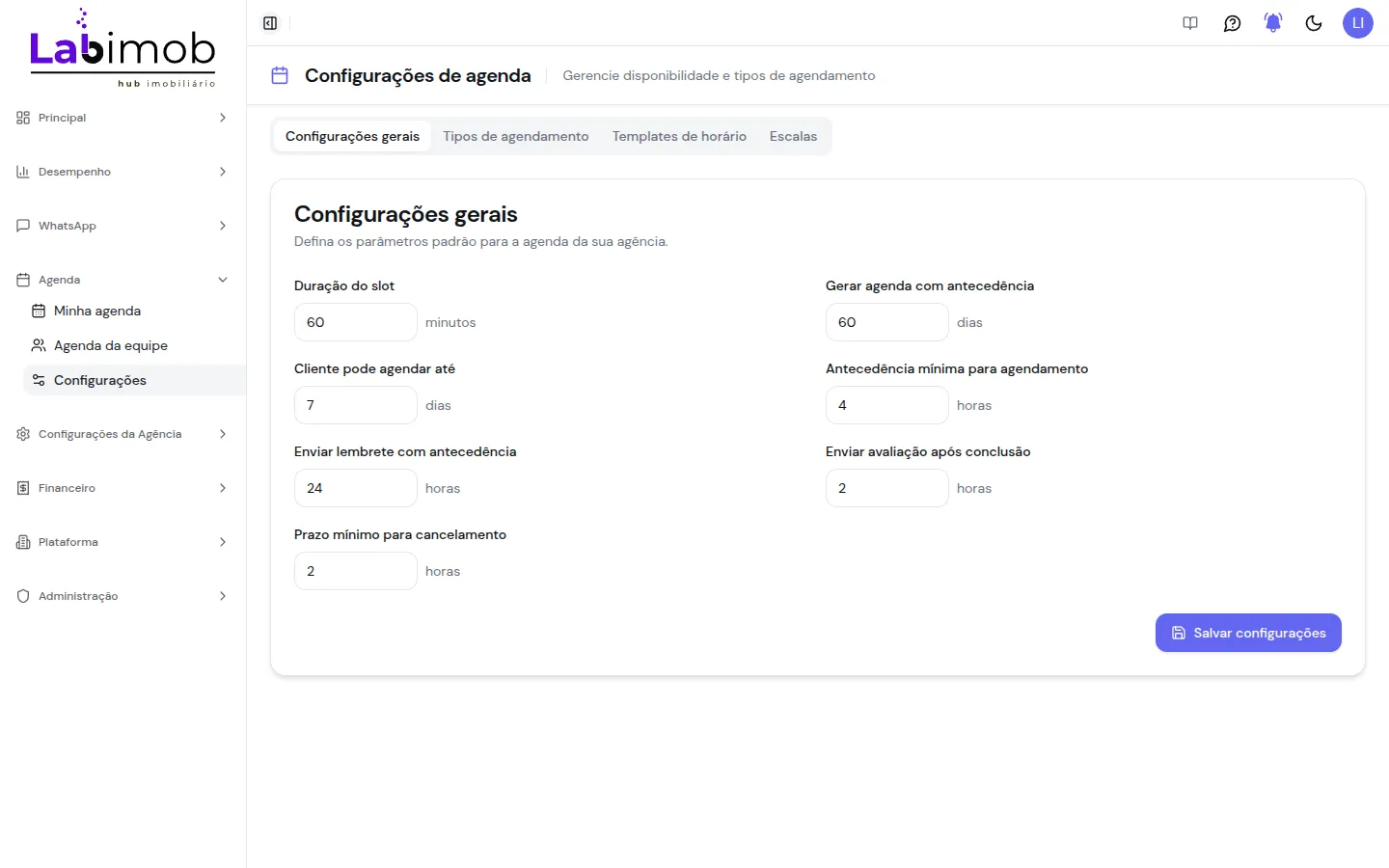 Aba Configurações gerais com duração do slot e prazos de agendamento