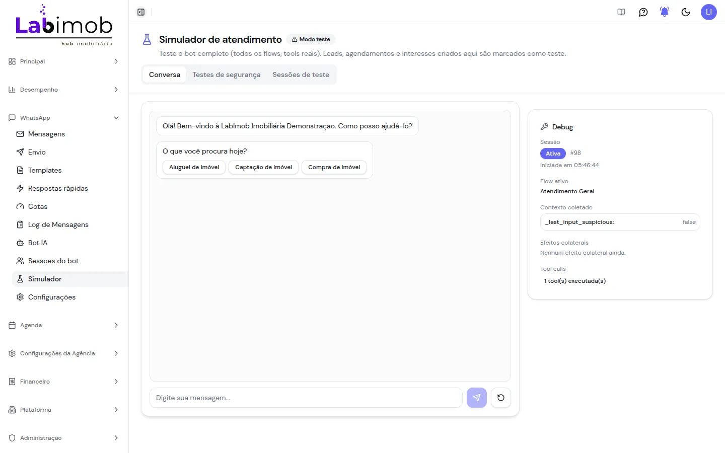 Simulador com chat de teste e painel de debug