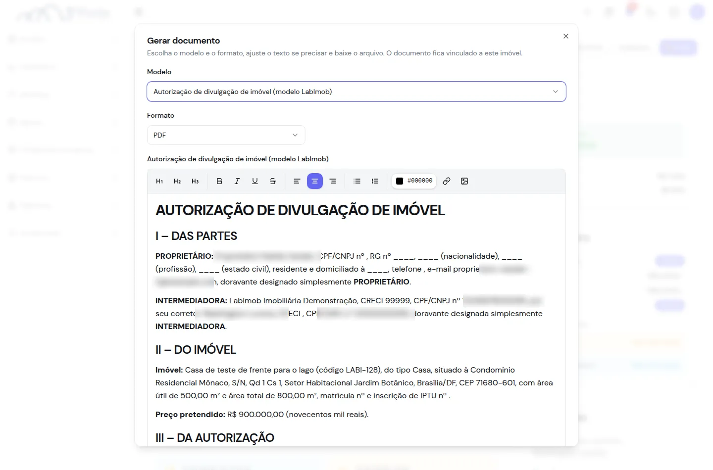 Diálogo Gerar documento com o contrato já preenchido