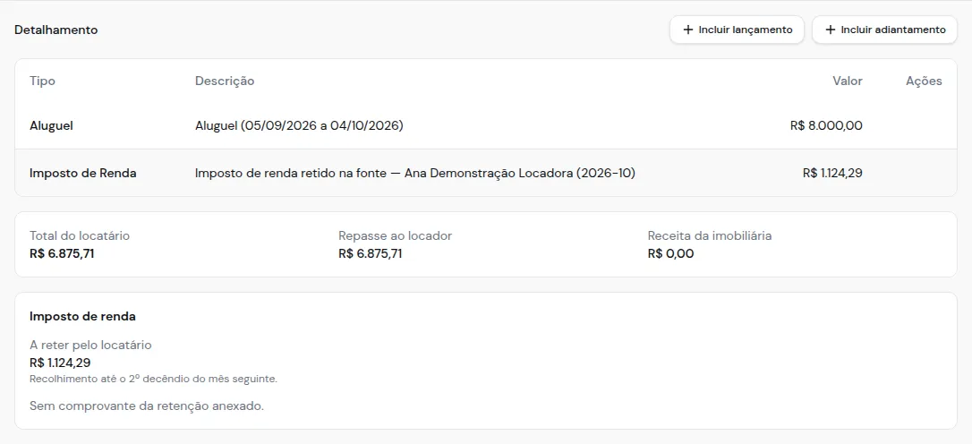 Detalhamento de uma parcela com o item de imposto de renda retido na fonte e o aviso de recolhimento até o segundo decêndio do mês seguinte