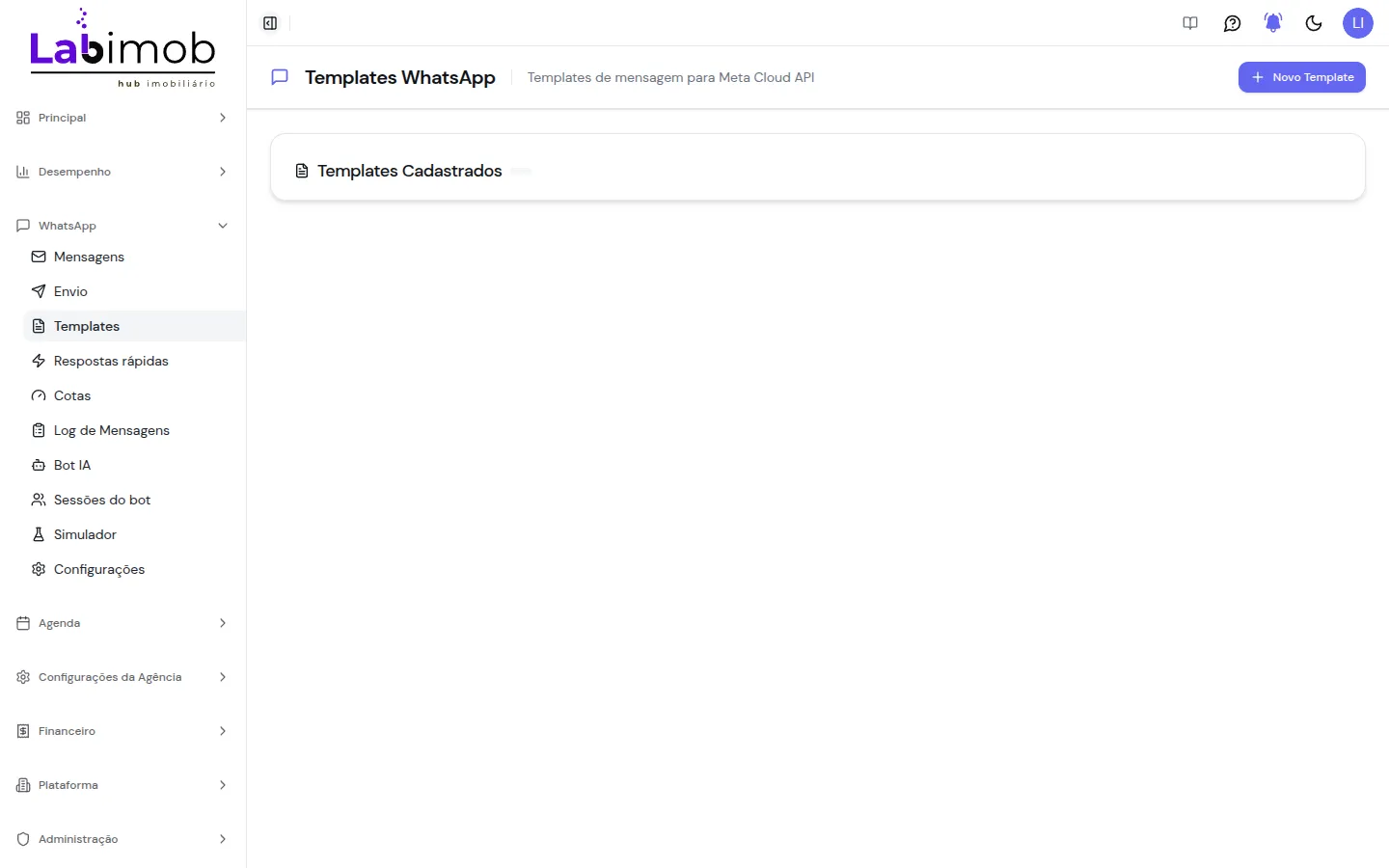 Tela de Templates com a lista de templates cadastrados