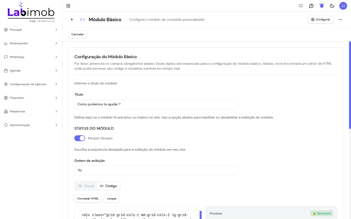Tela do módulo básico com título, status, ordem e editor de conteúdo com pré-visualização
