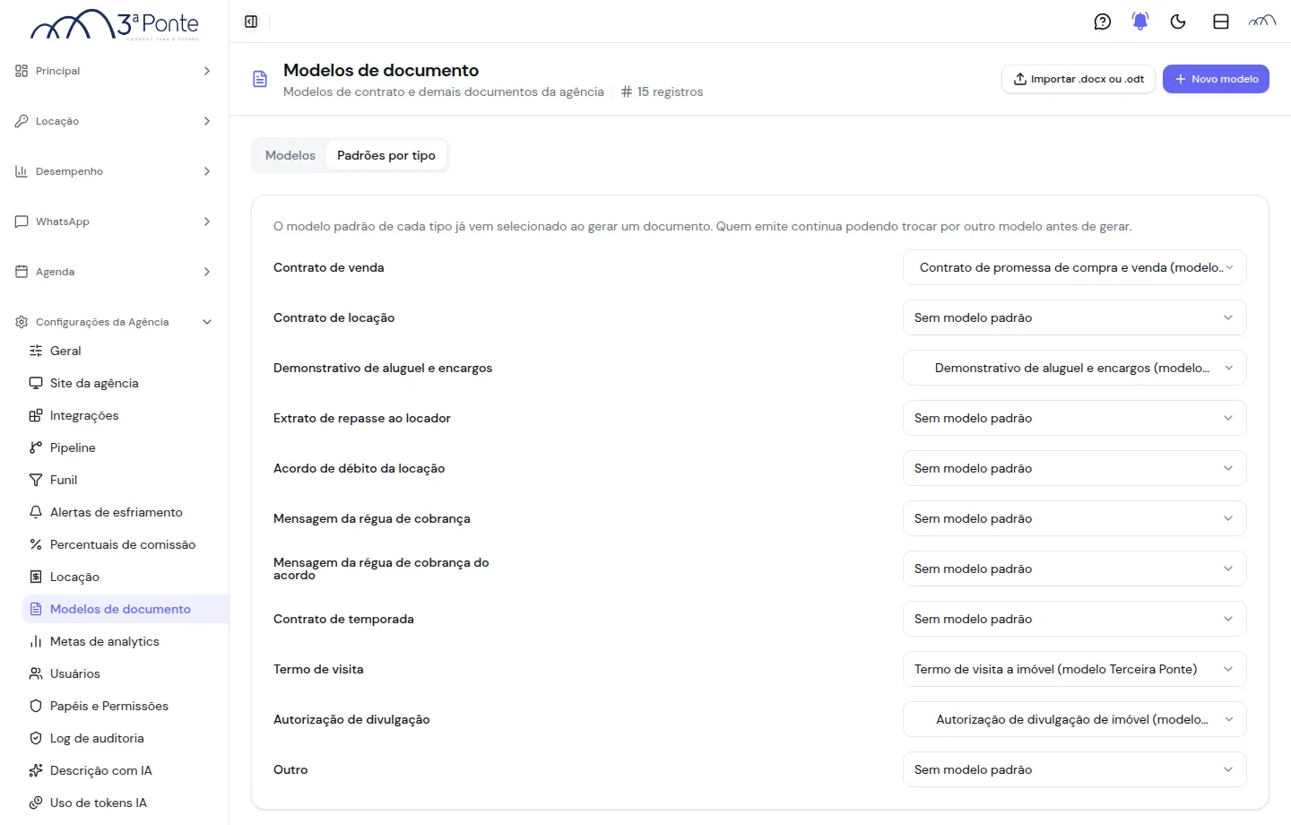 Aba Padrões por tipo, com uma linha para cada tipo de documento