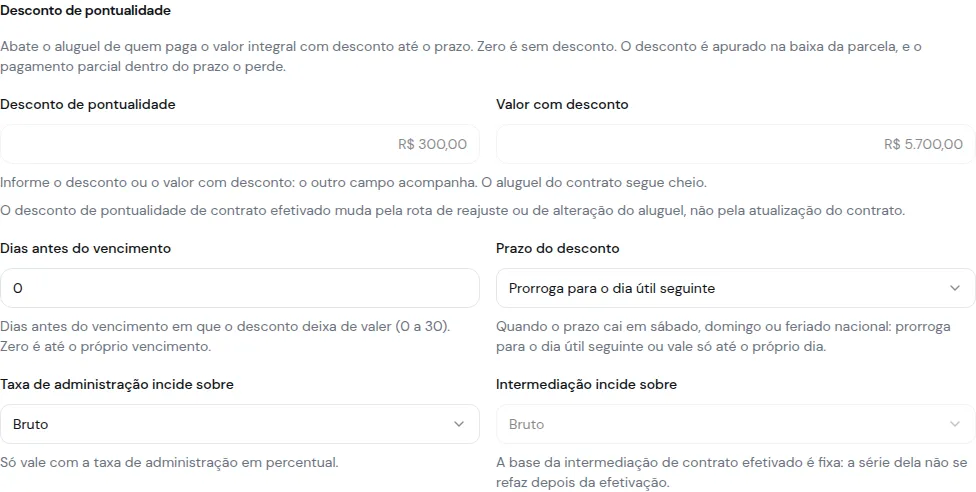 Bloco Desconto de pontualidade do contrato com o desconto de R$ 300,00, o valor com desconto de R$ 5.700,00, os dias antes do vencimento, o prazo e as bases da taxa e da intermediação