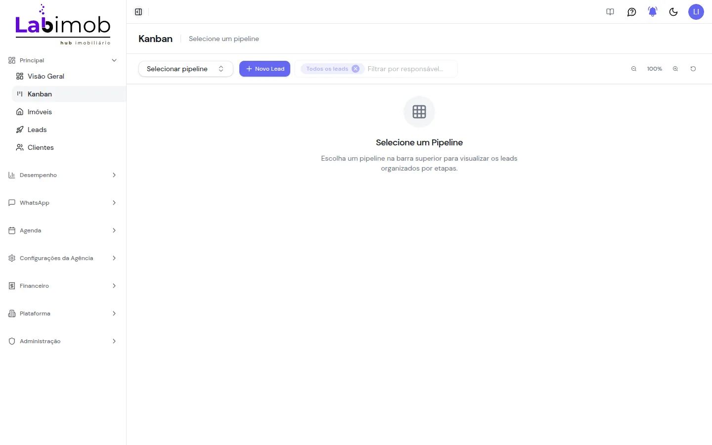 Tela do Kanban pedindo a seleção de um pipeline
