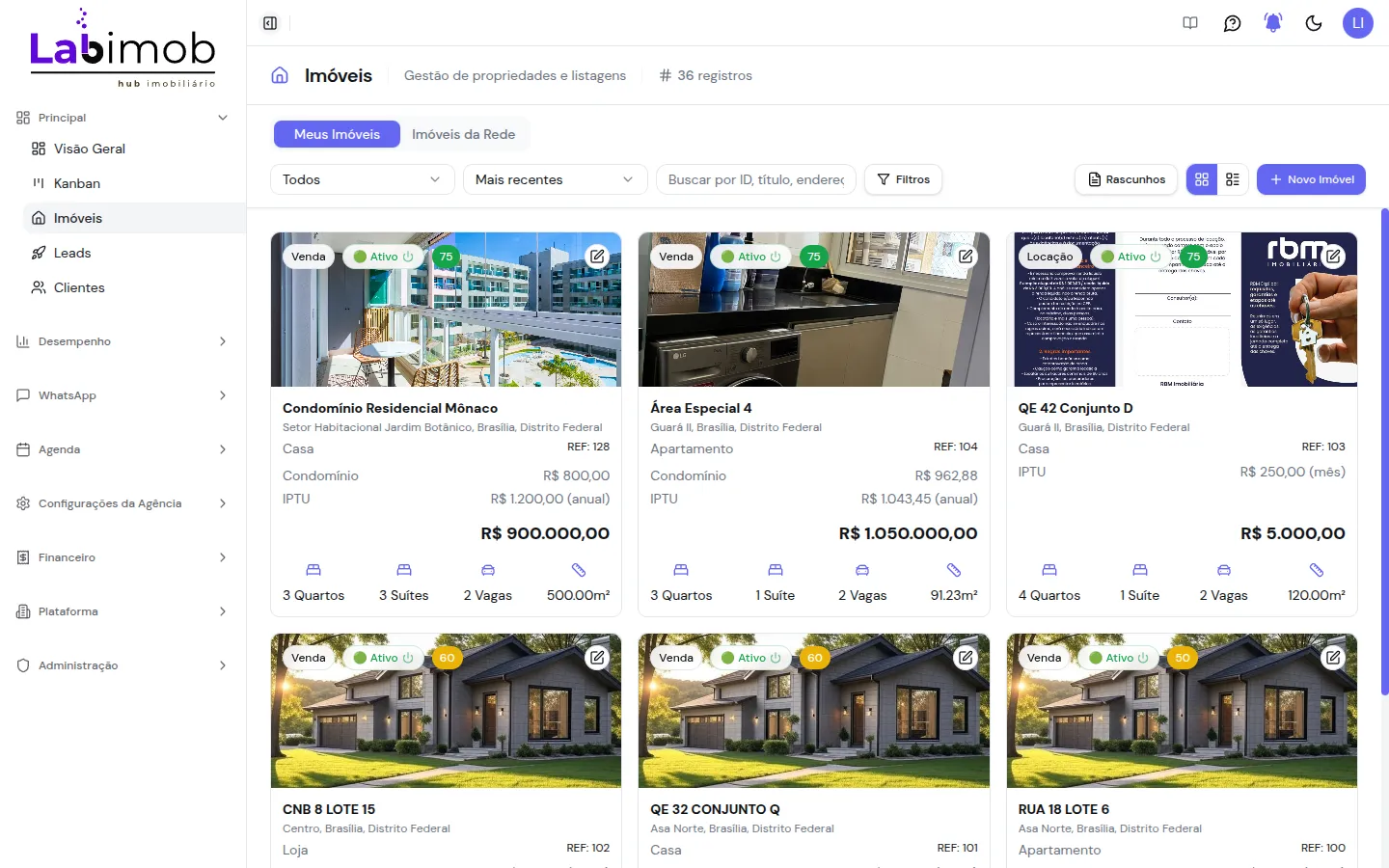 Lista de imóveis com cartões mostrando foto, valor, tipo e características