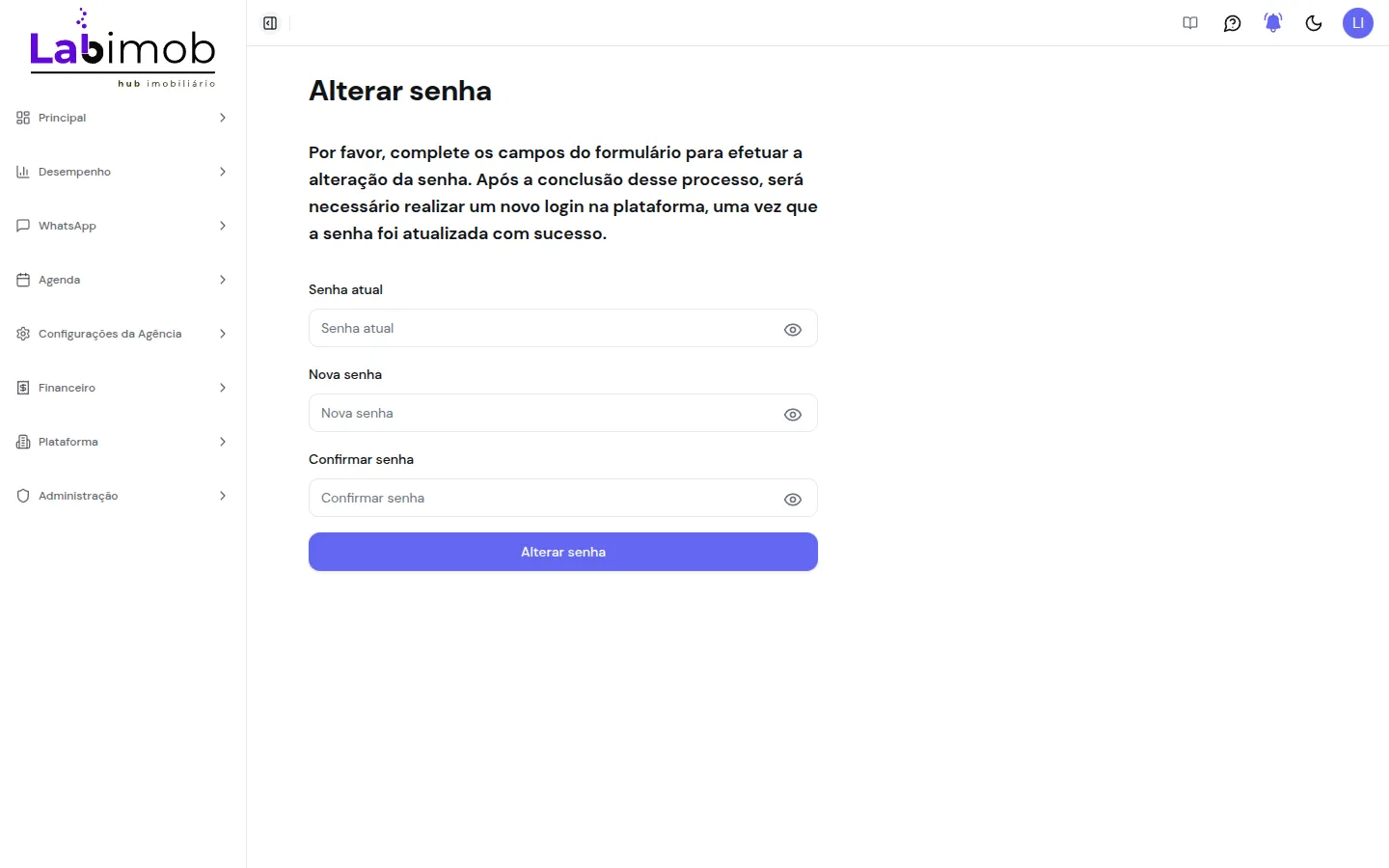 Formulário de alteração de senha com os campos Senha atual, Nova senha e Confirmar senha