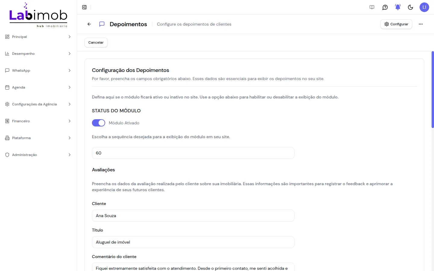 Tela de configuração de depoimentos com status e lista de avaliações