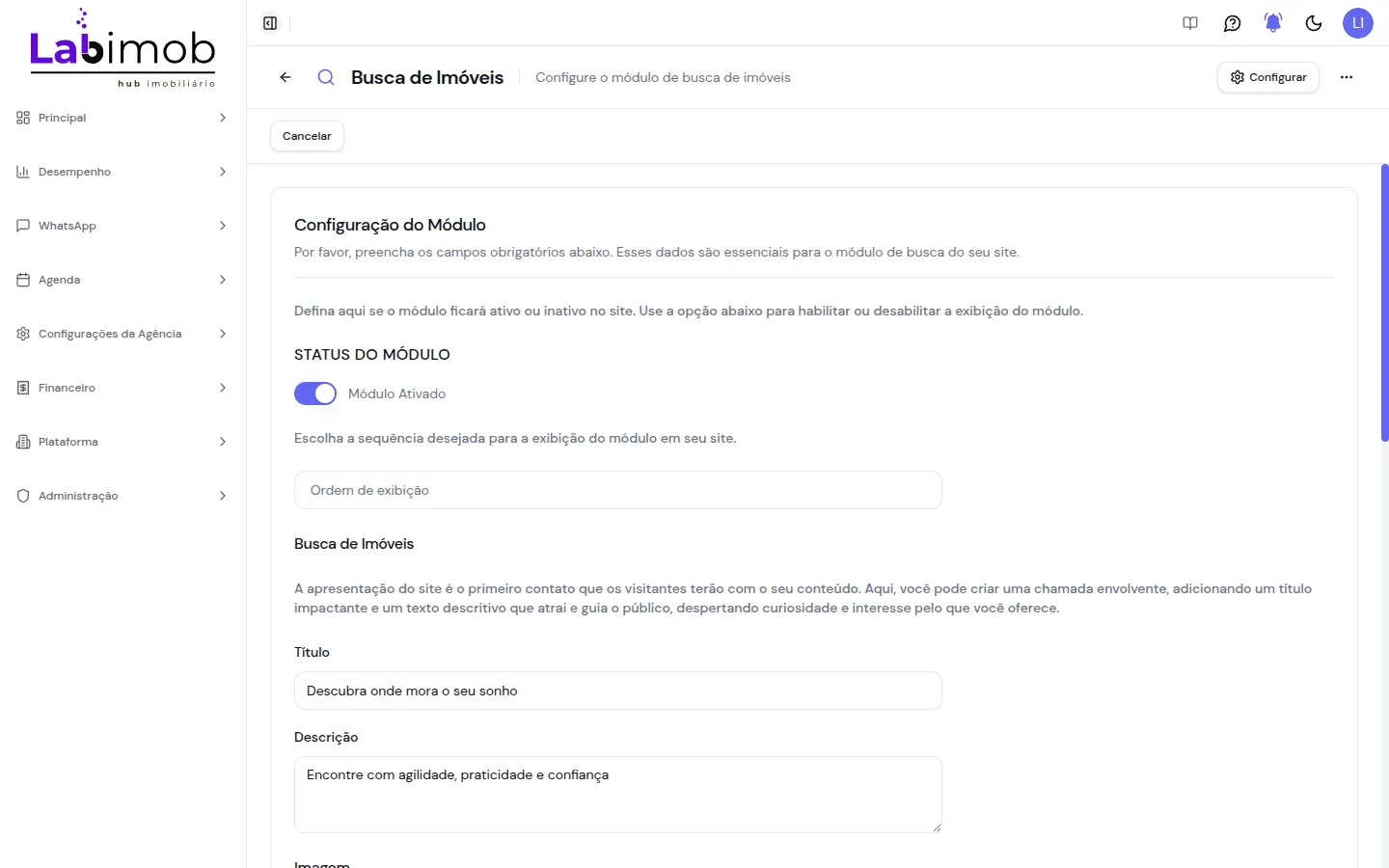 Tela de configuração da busca de imóveis com status, título, descrição e imagem