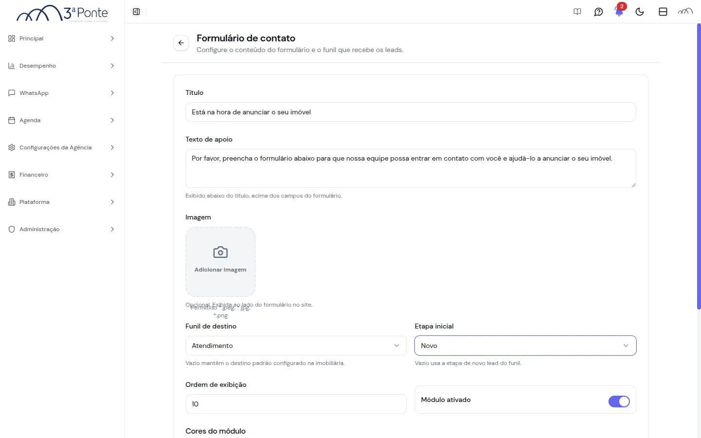 Tela de configuração do formulário de contato com título, texto de apoio e imagem
