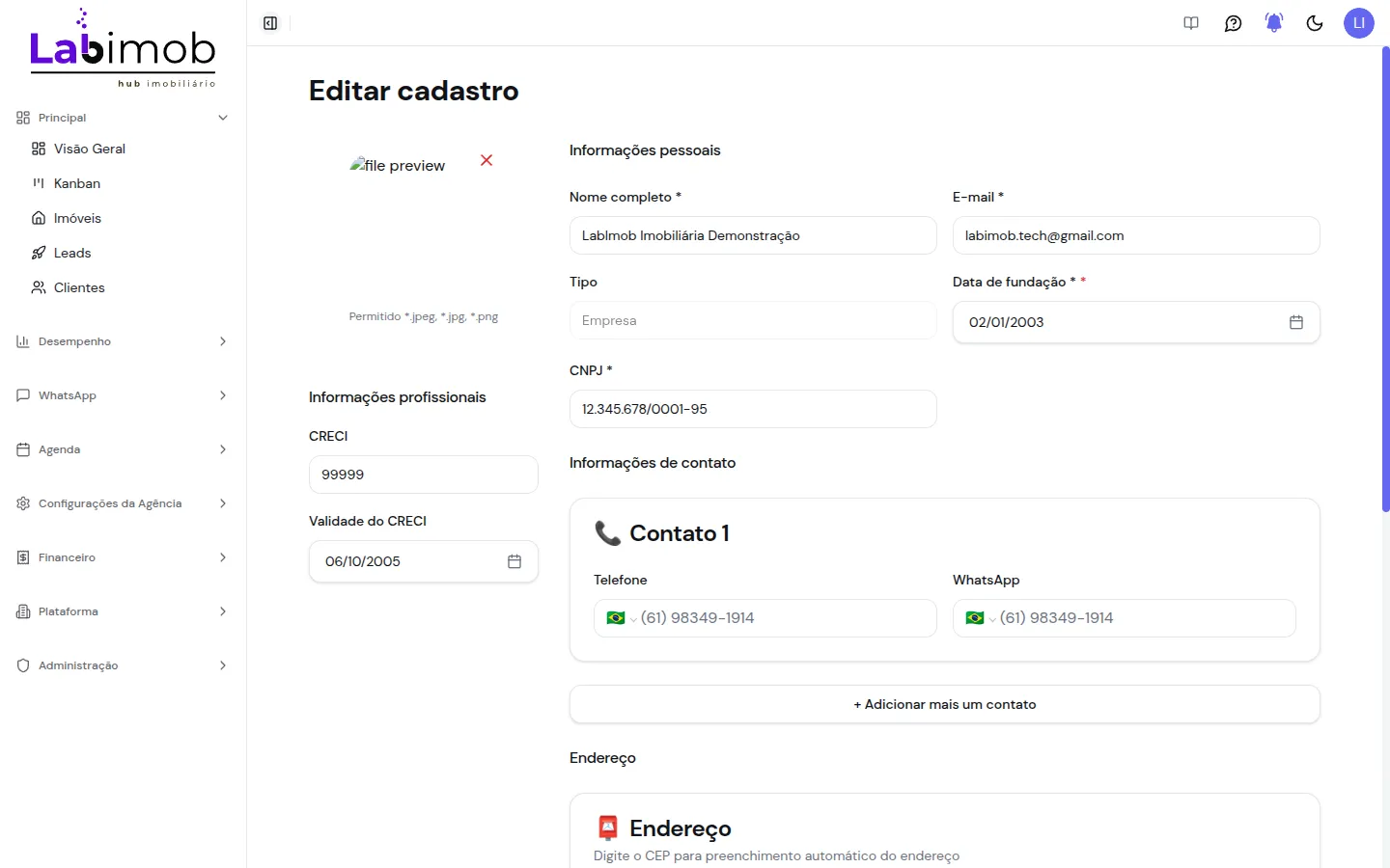 Tela Editar cadastro com foto, informações profissionais, pessoais, contatos e endereço