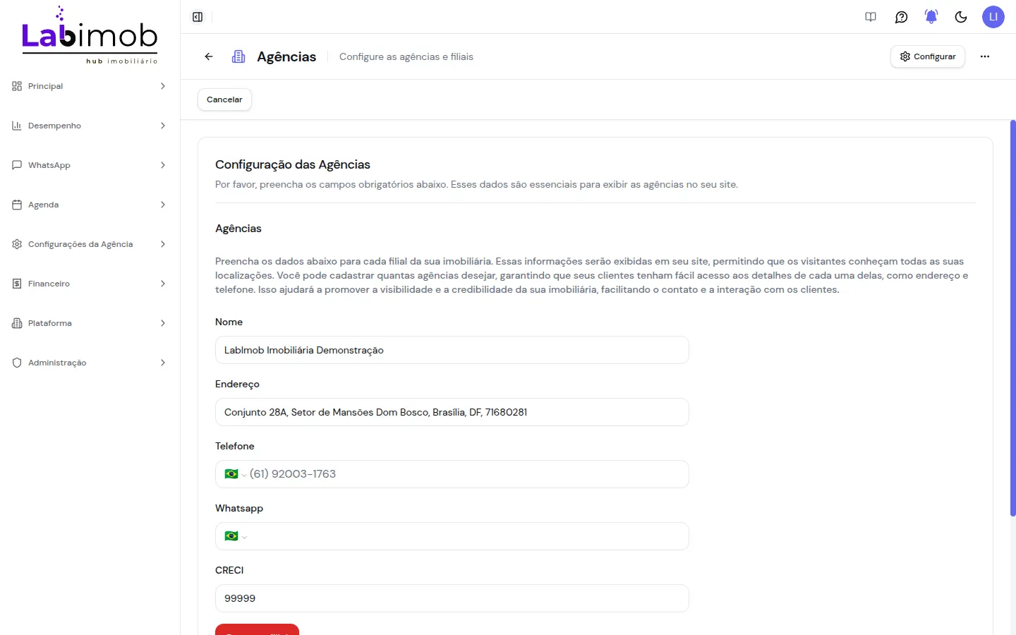 Tela de configuração de agências com os campos de cada filial