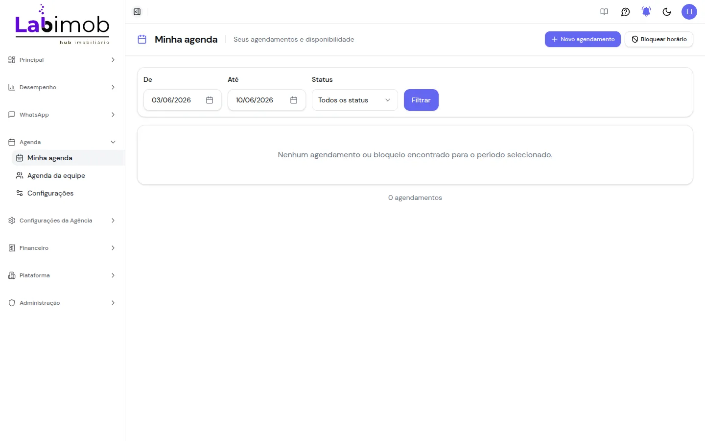 Tela Minha agenda com filtros de período e mensagem de período vazio