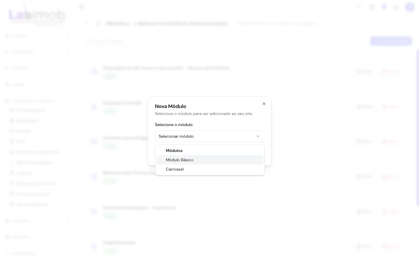 Janela para adicionar um novo módulo com a lista de tipos disponíveis