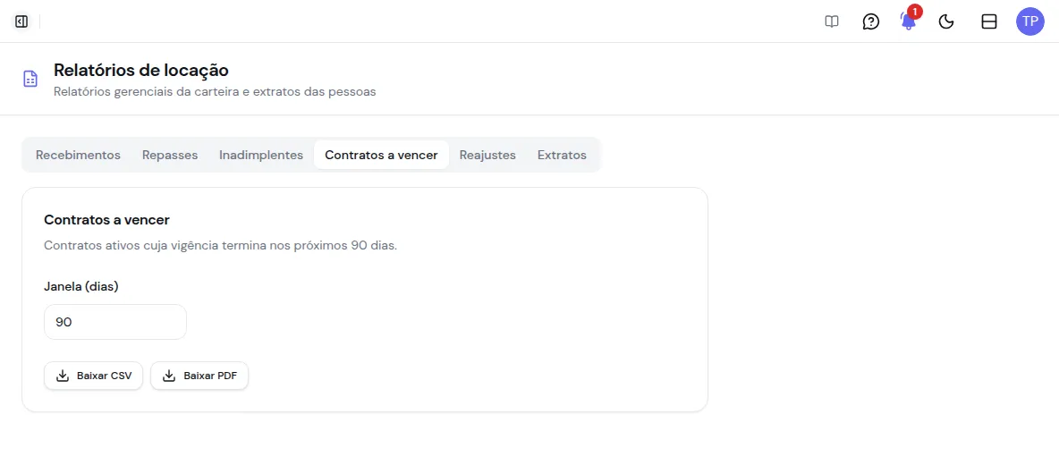Aba Contratos a vencer com o campo Janela em dias e os botões Baixar CSV e Baixar PDF