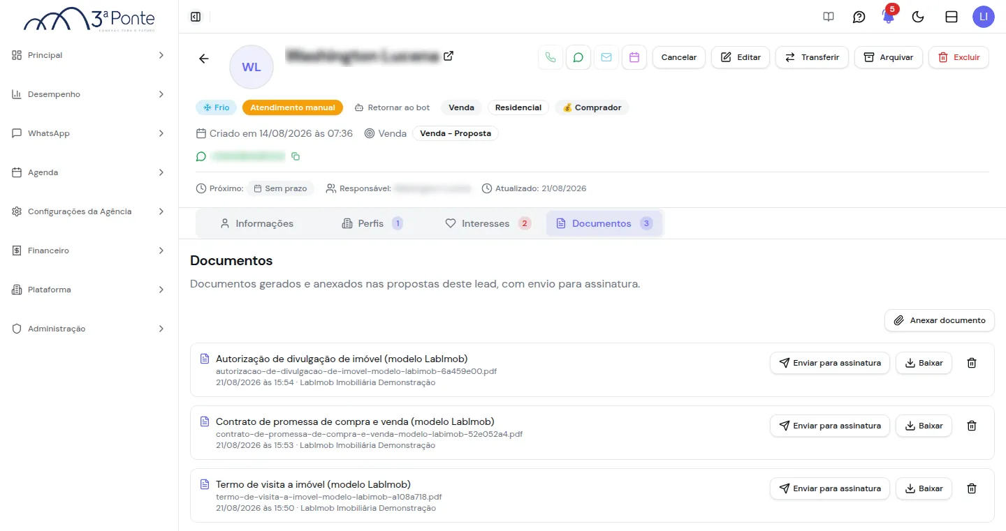Aba Documentos dentro do lead
