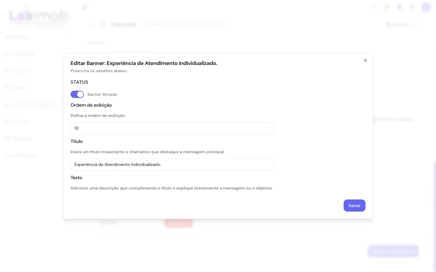 Janela de edição de banner com status, ordem, título, texto, botão e imagem