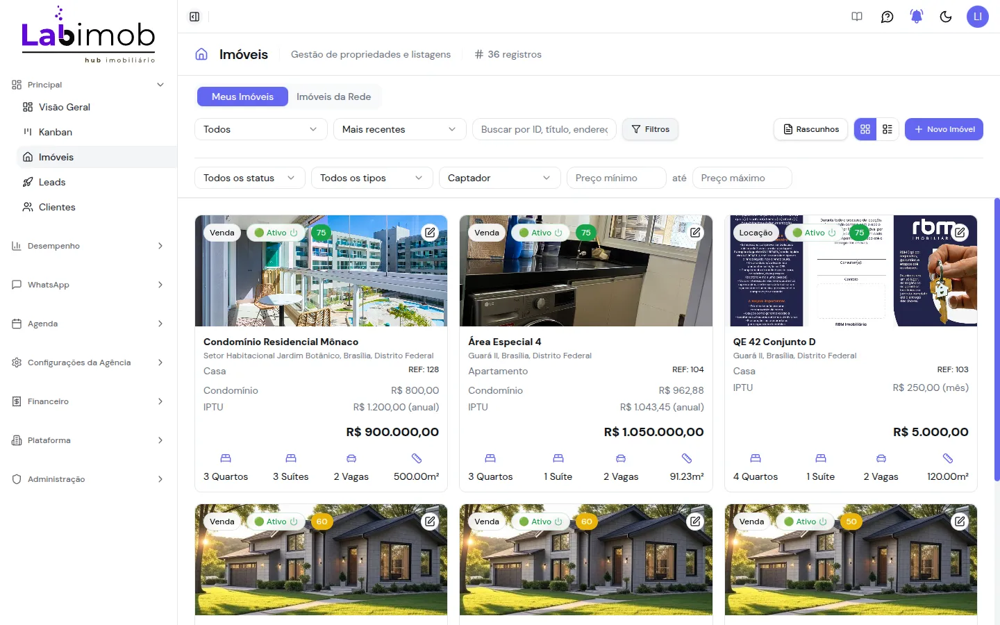 Painel de filtros expandido com status, tipo, captador e faixa de preço