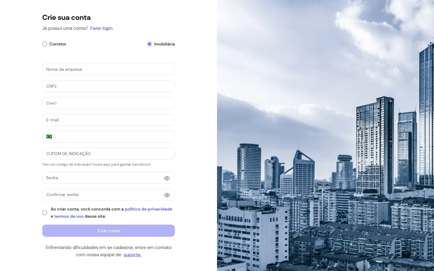 Formulário de criação de conta com a opção Imobiliária selecionada