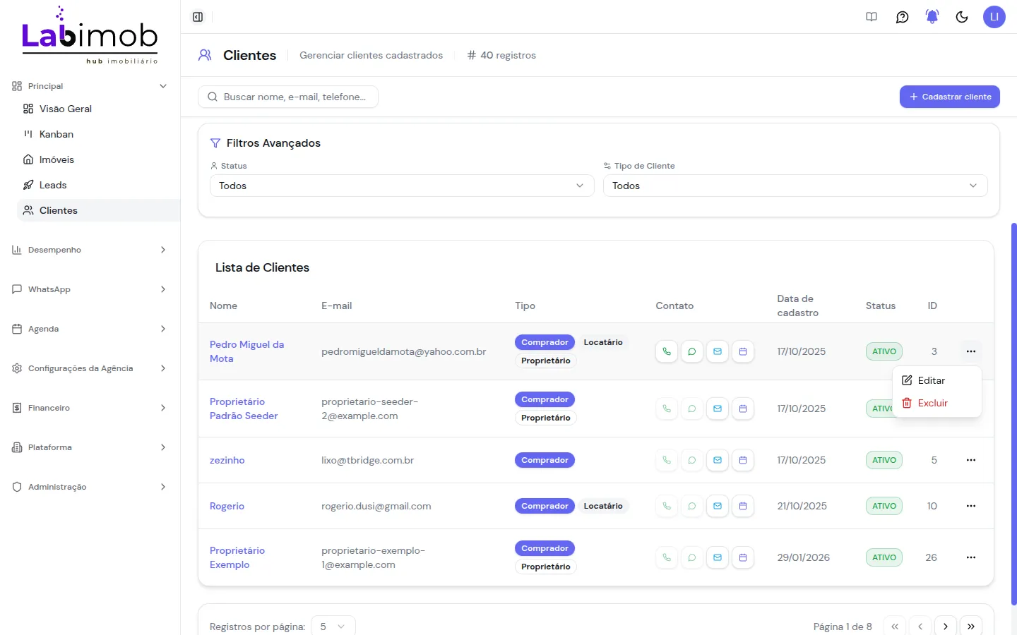 Menu de uma linha aberto com as opções Editar e Excluir