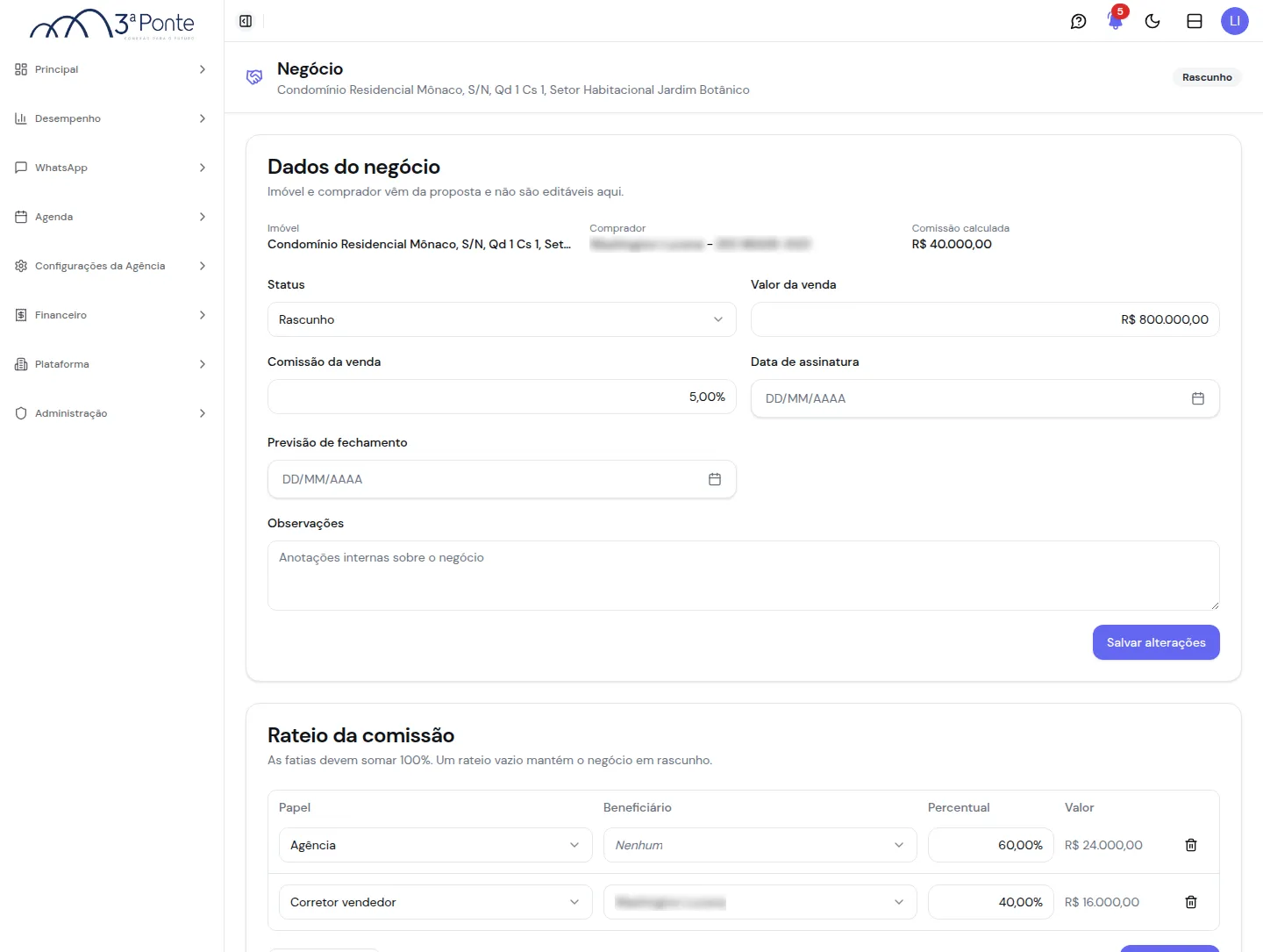 Detalhe do negócio com os dados da venda e o rateio da comissão