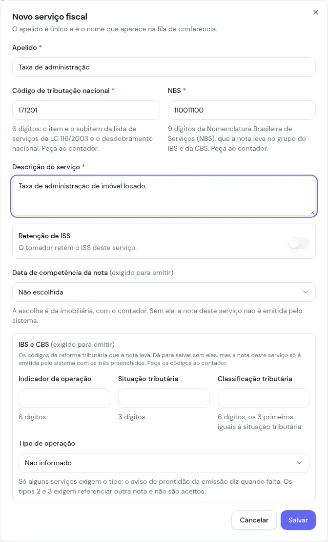 Formulário de serviço fiscal com a marca exigido para emitir na data de competência e no bloco IBS e CBS, e a ajuda sob o tipo de operação