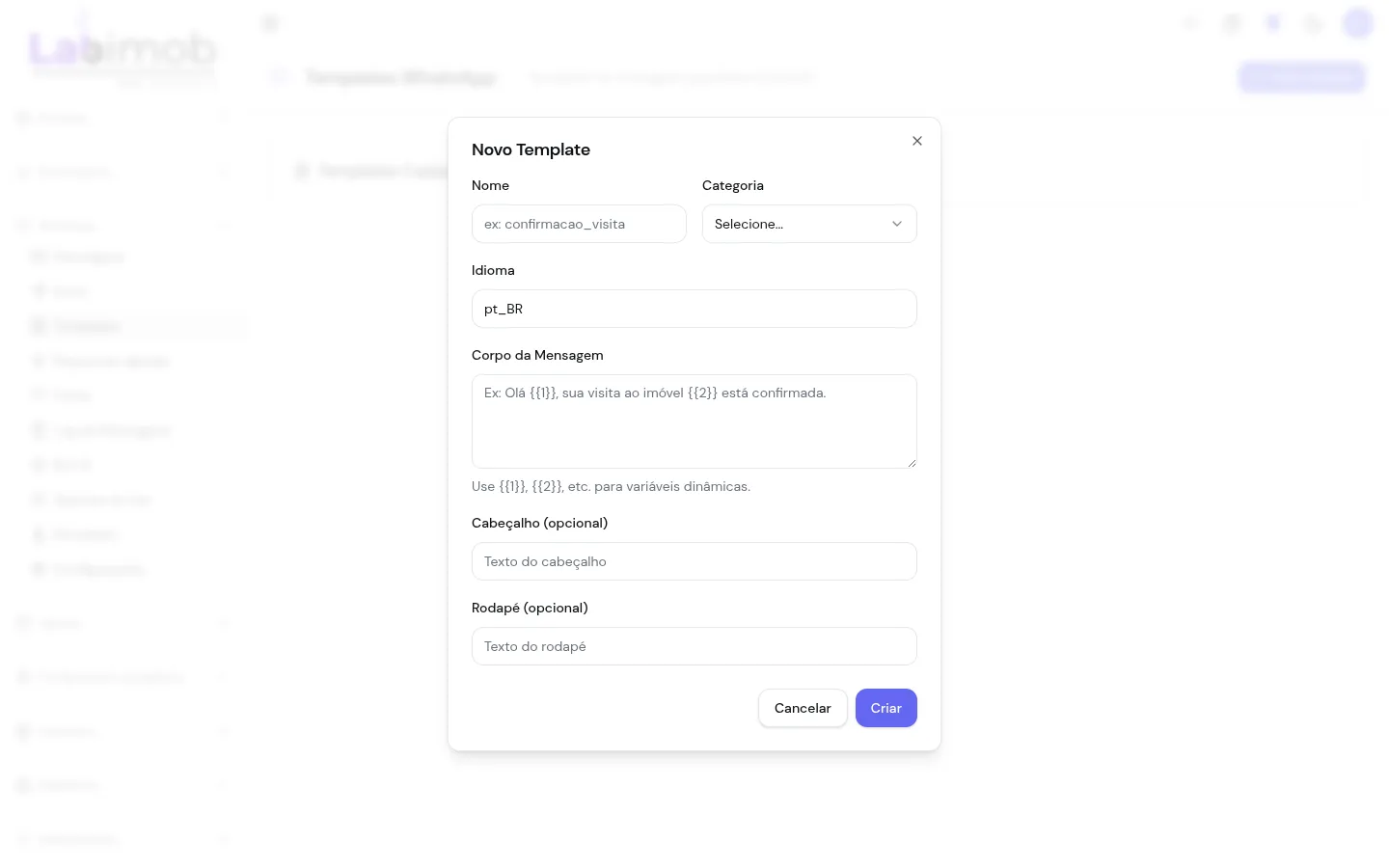 Formulário de novo template com nome, categoria, idioma, corpo, cabeçalho e rodapé