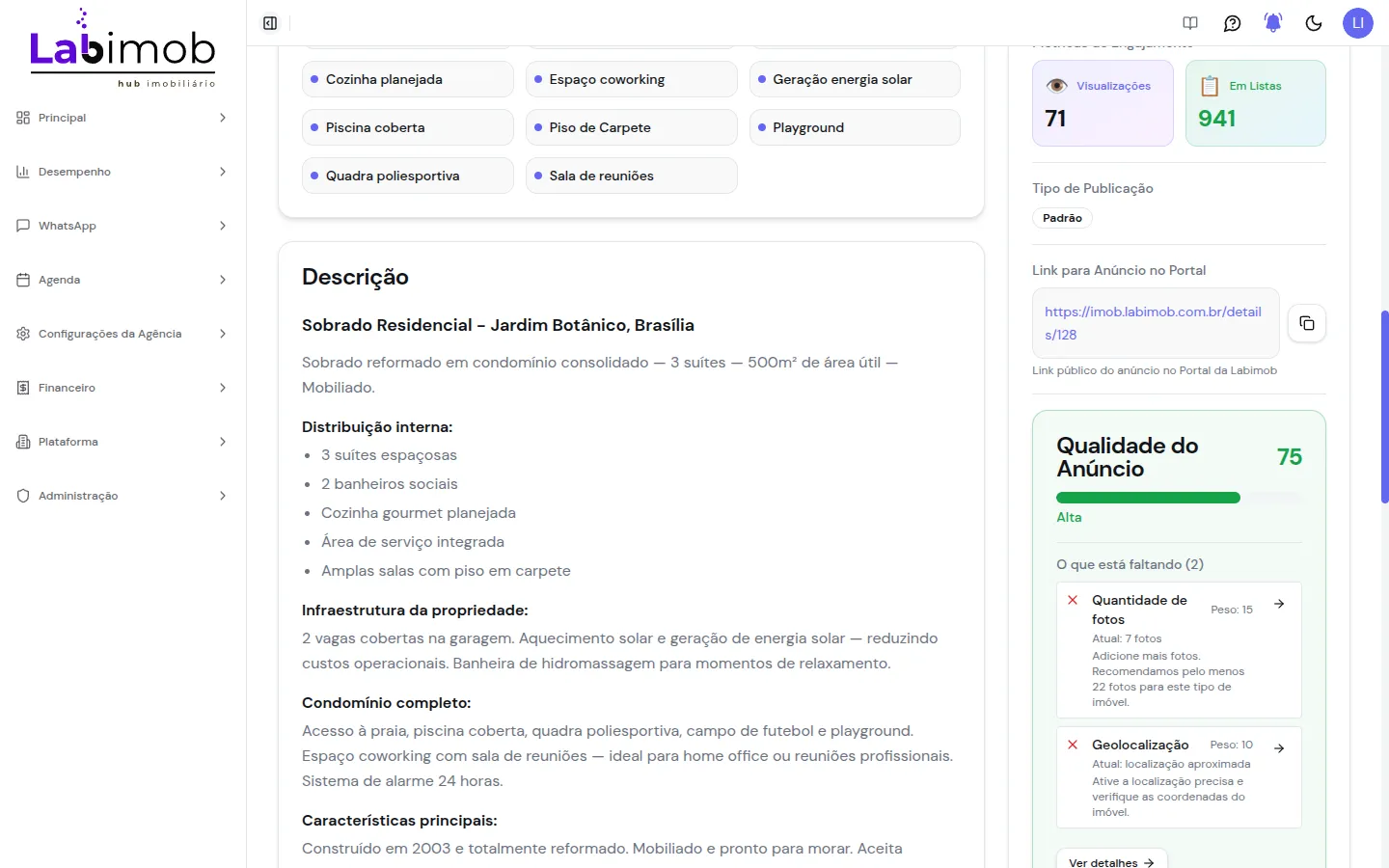 Bloco de publicação com nota de qualidade e itens que faltam