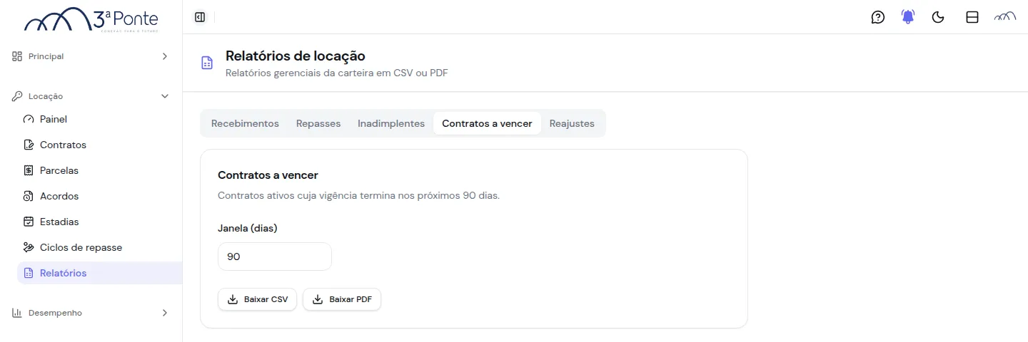 Relatórios de locação com as cinco abas e os botões Baixar CSV e Baixar PDF