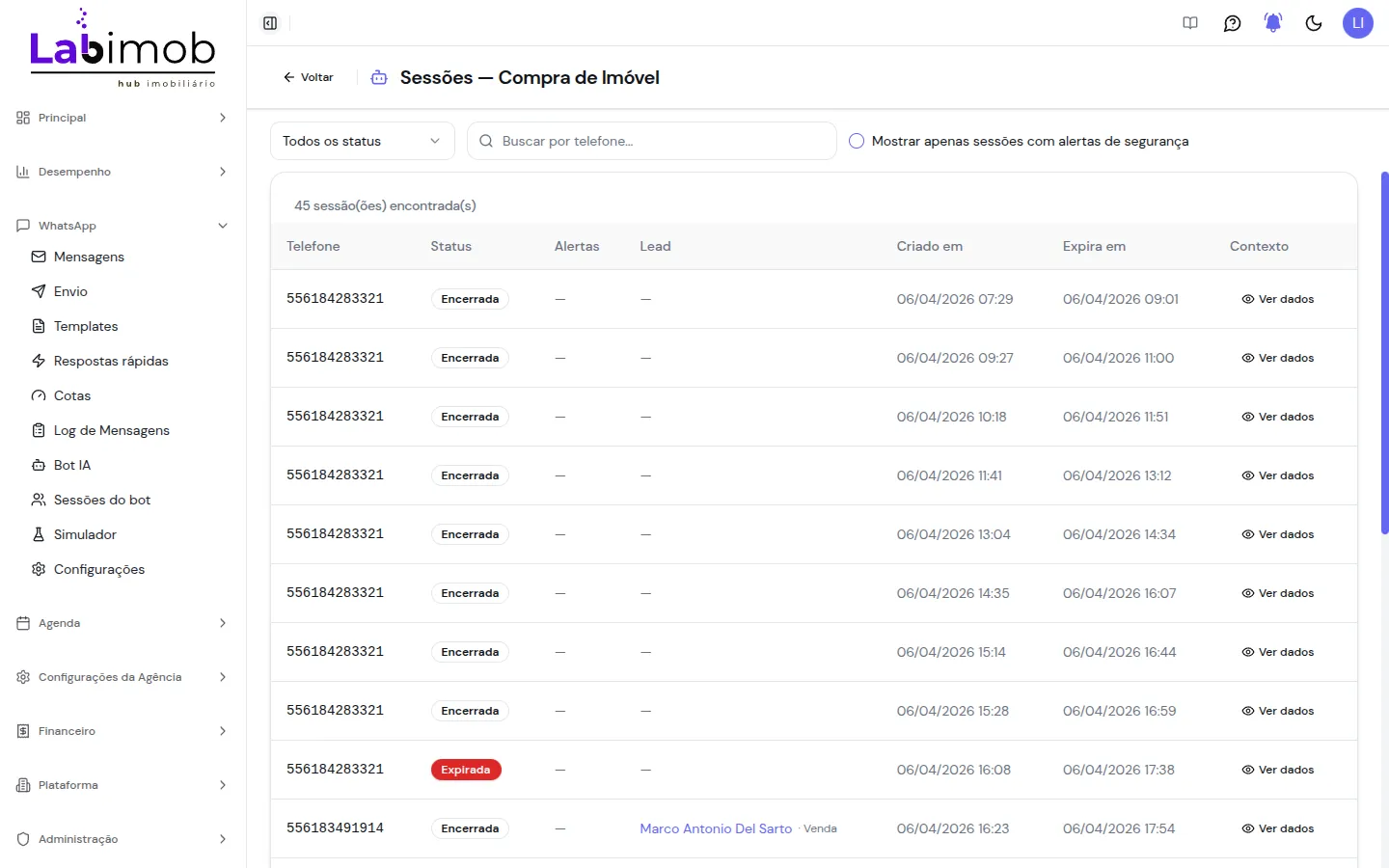 Sessões de um fluxo com telefone, status, lead, datas e contexto