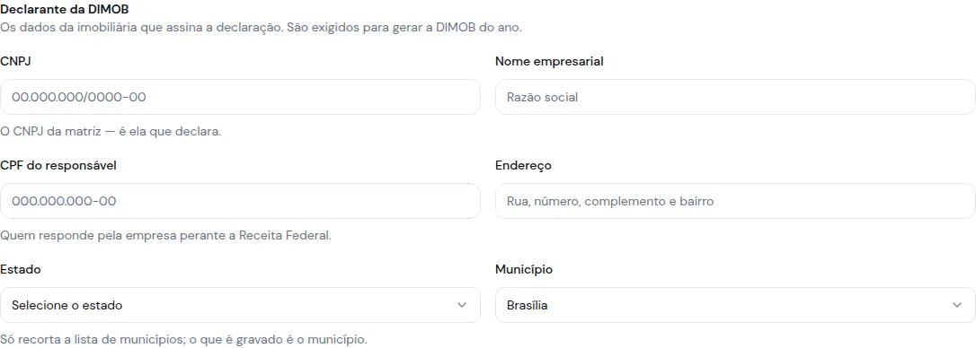 Bloco Declarante da DIMOB na aba Fiscal, com CNPJ, nome empresarial, CPF do responsável, endereço e município