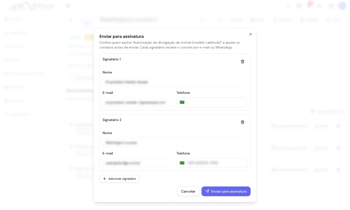 Diálogo de envio para assinatura com os signatários sugeridos