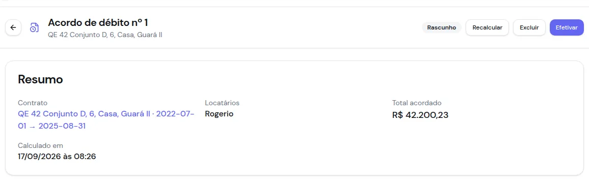 Ficha do acordo nº 1 em rascunho, com os botões Recalcular, Excluir e Efetivar e o resumo