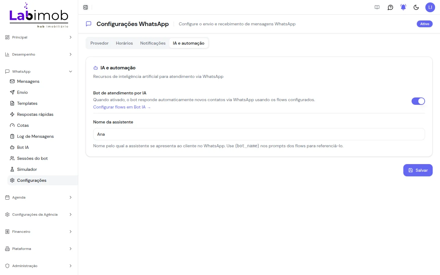 Aba IA e automação com ativação do bot e nome da assistente