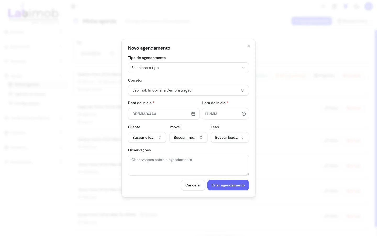 Formulário de novo agendamento com tipo, data, hora, cliente, imóvel e lead