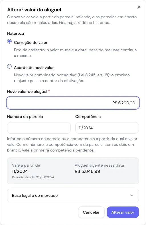 Diálogo Alterar valor do aluguel com natureza, novo valor, efetivação e prévia