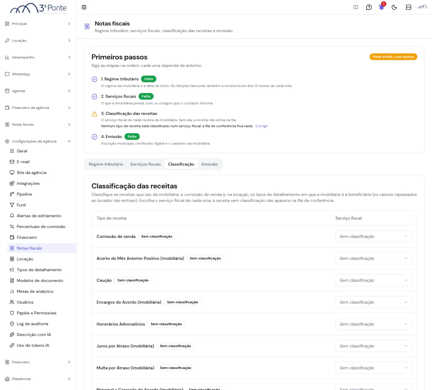 Aba Classificação com todos os tipos de receita sem classificação e, no cartão Primeiros passos, o aviso de que nenhum tipo está classificado