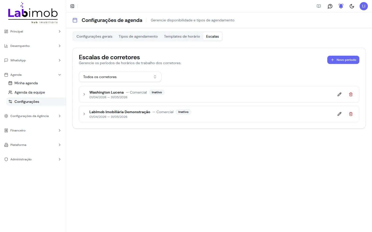 Aba Escalas com períodos de trabalho por corretor e intervalo de datas