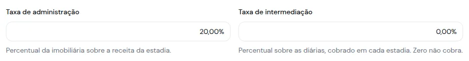 Campos Taxa de administração e Taxa de intermediação na tarifa de temporada do imóvel