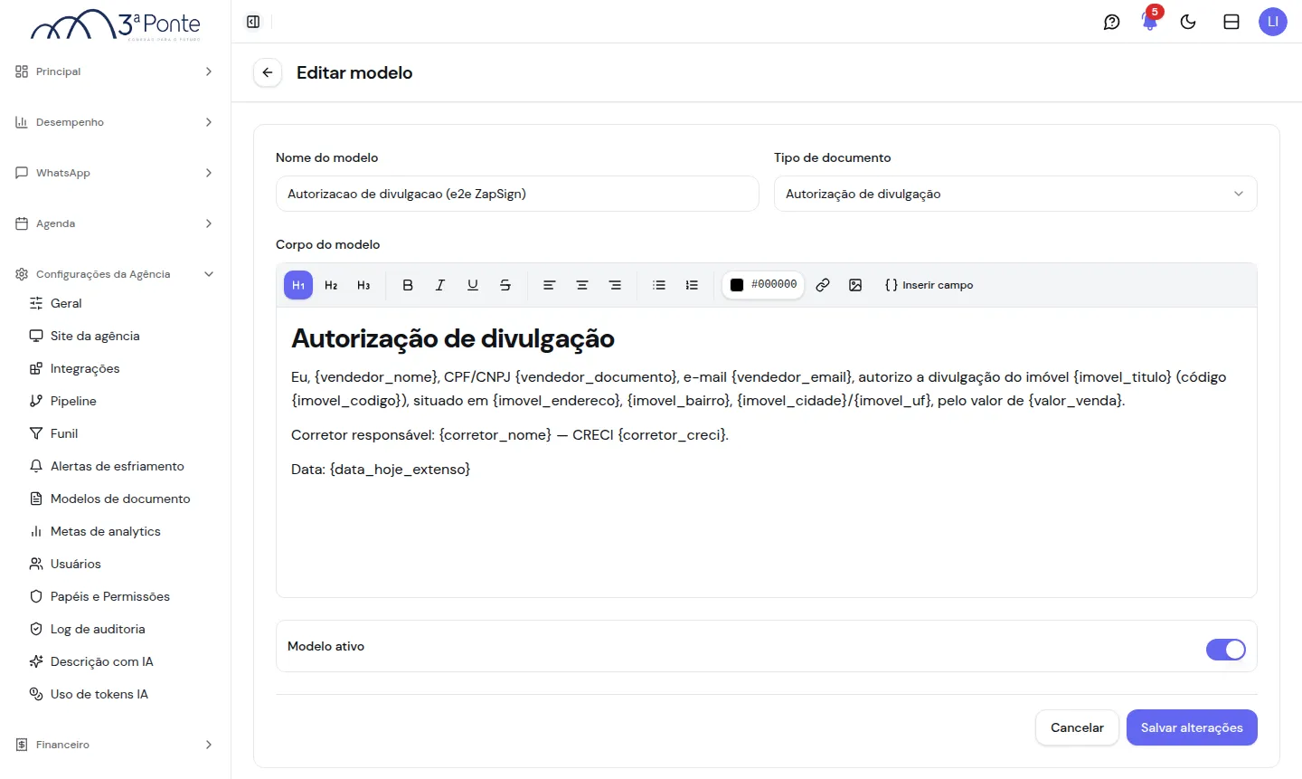 Editor de modelo com o texto e os campos automáticos