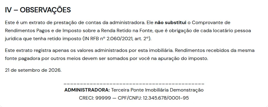 Observações do extrato anual do locador, sobre não substituir o comprovante e sobre registrar apenas o que passa pela imobiliária