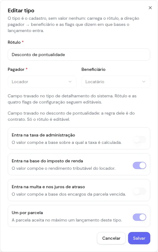 Diálogo Editar tipo do desconto de pontualidade, com pagador e beneficiário travados e as quatro opções fixas