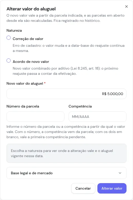 Diálogo Alterar valor do aluguel com natureza, novo valor e efetivação