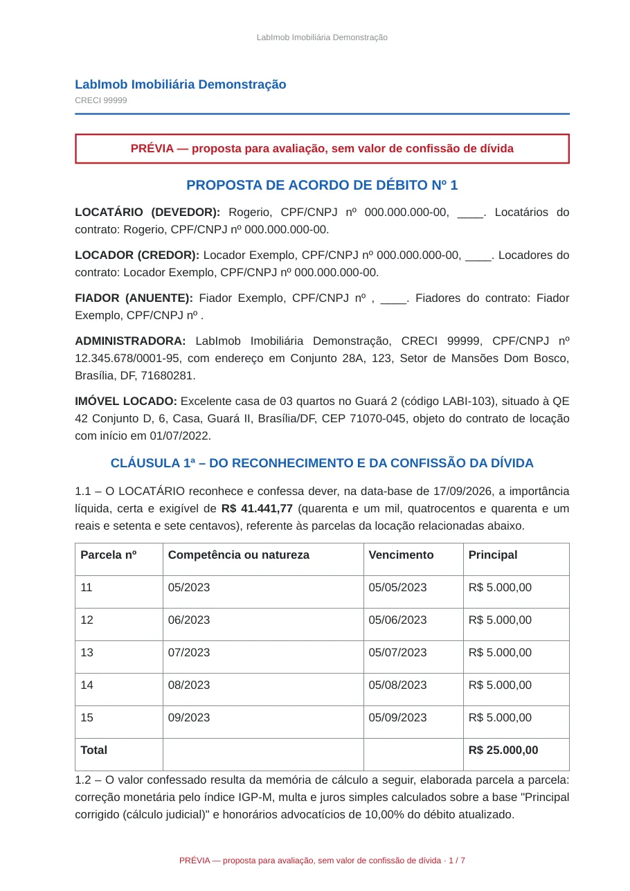 Primeira página da prévia em PDF com a marca PRÉVIA, as partes, o imóvel e as parcelas de origem