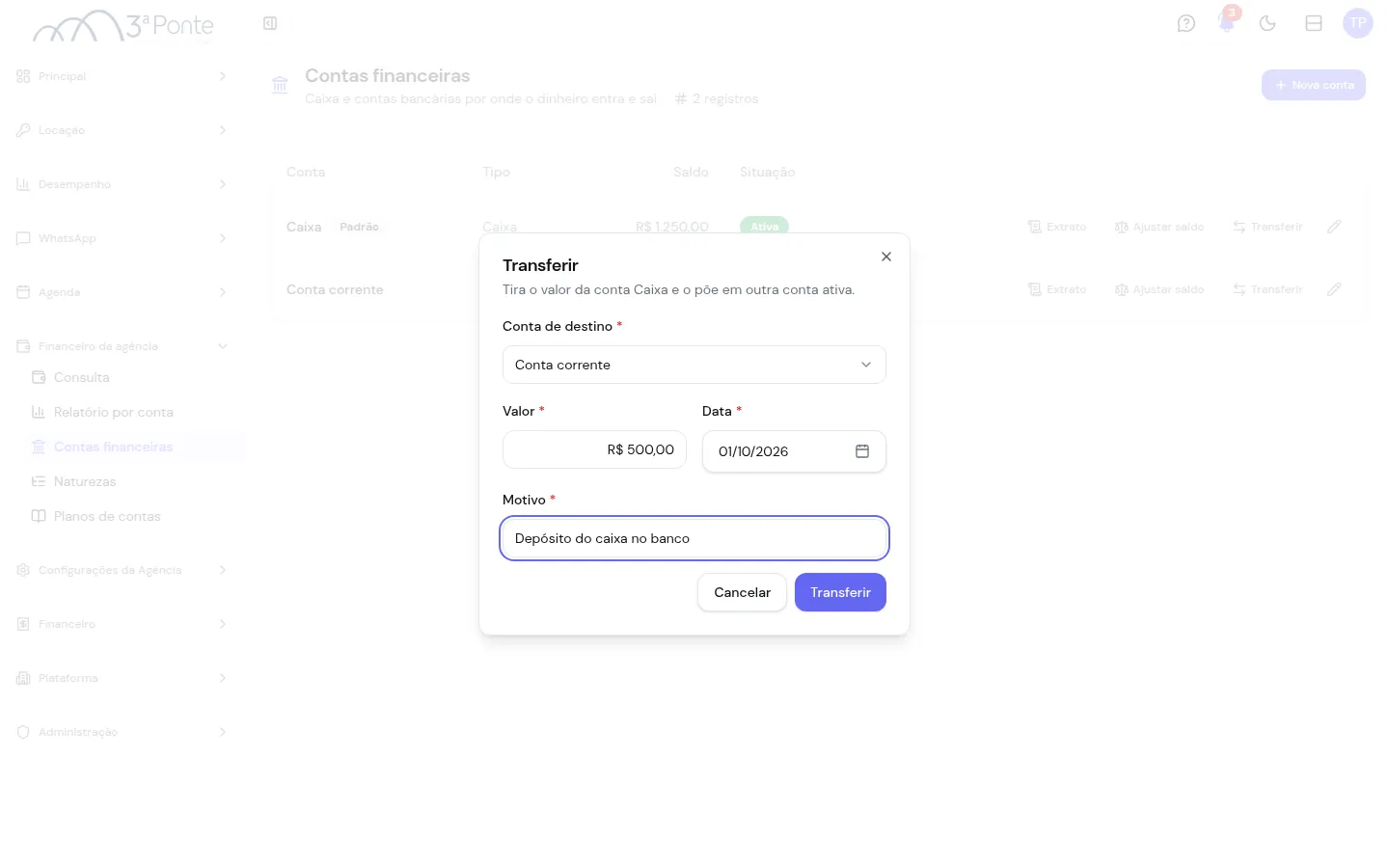 Janela Transferir com conta de destino, valor, data e motivo
