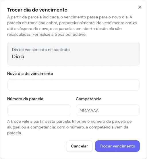 Diálogo Trocar dia de vencimento com o novo dia e a parcela de início