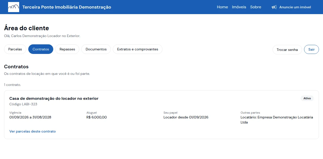 Tela Contratos da área do cliente, com vigência, aluguel, o papel da pessoa e o nome do locatário