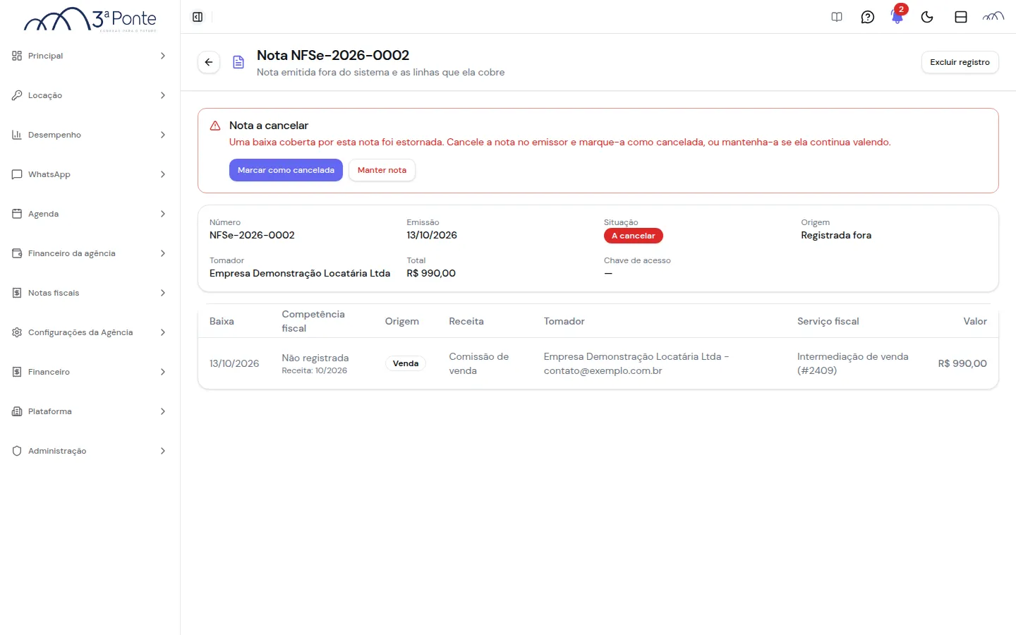 Nota registrada fora na situação A cancelar, com os botões Marcar como cancelada e Manter nota