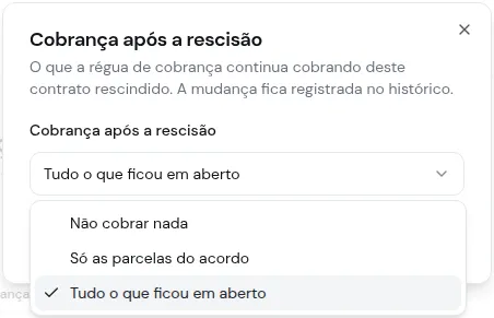 Diálogo Cobrança após a rescisão aberto com as três opções