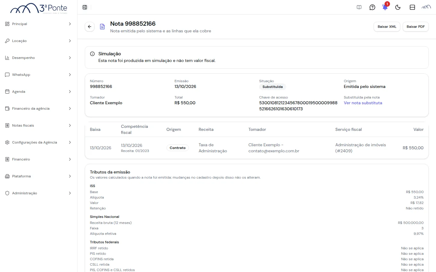 Ficha de uma nota na situação Substituída, só com os botões Baixar XML e Baixar PDF e o link Ver nota substituta